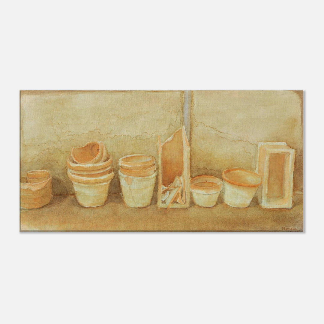 Terracotta Serenity: A Harmonious Display of Handmade Pots by Veronique Semple - Watercolor botanical print for home decor
