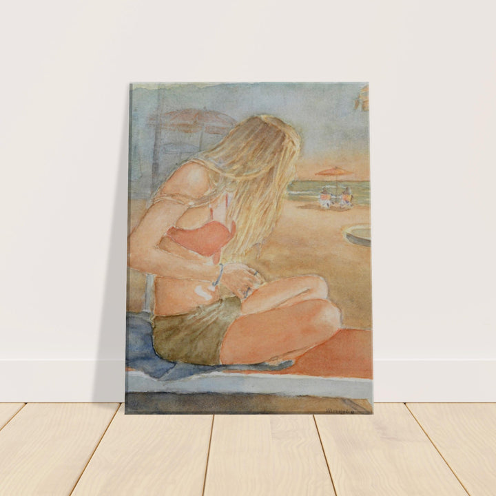 Tranquil Reflections: A Watercolor Beach Muse by Veronique Semple - Watercolor portraiture print for home decor