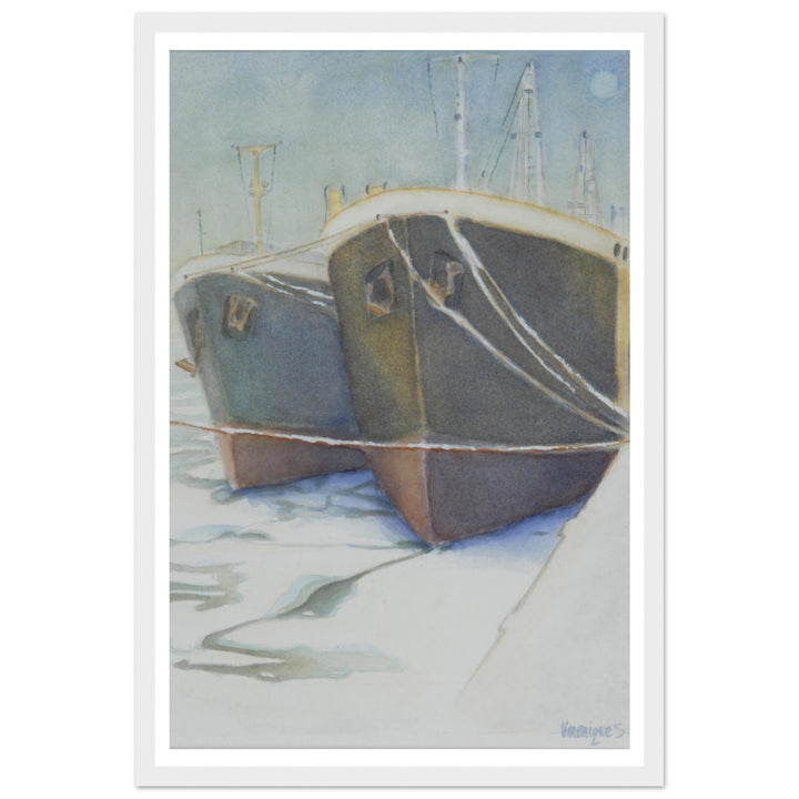 Tranquil Harbor Reflection: A Watercolor Journey by Veronique Semple - Watercolor impressionism print for home decor