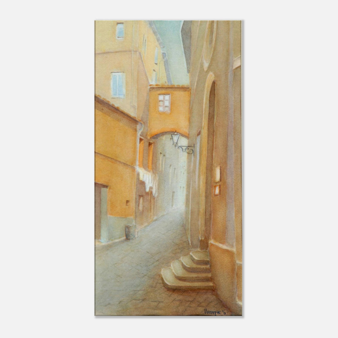 Golden Tranquility: A Serene Italian Alleyway by Veronique Semple - Watercolor impressionism print for home decor