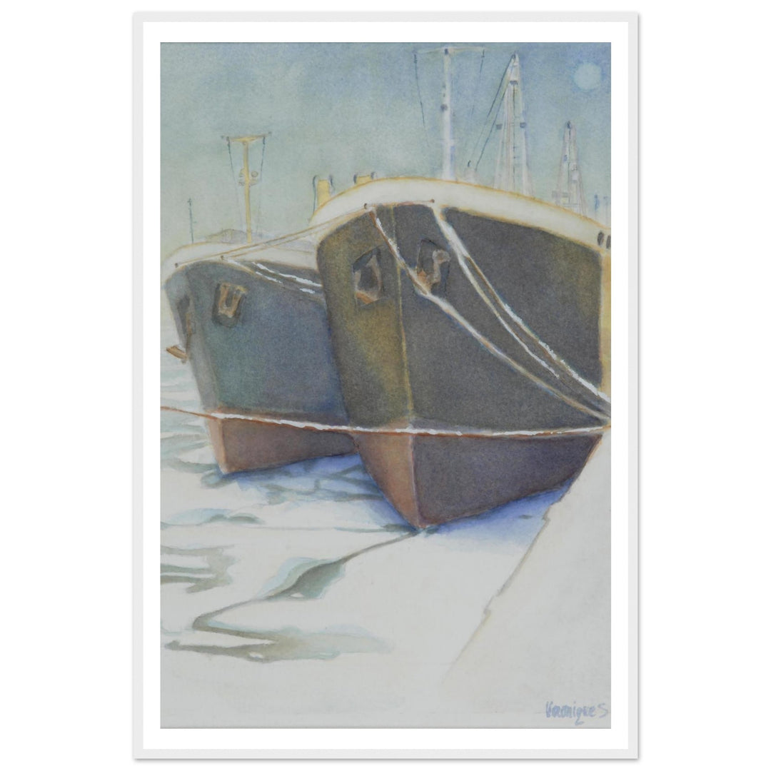 Tranquil Harbor Reflection: A Watercolor Journey by Veronique Semple - Watercolor impressionism print for home decor