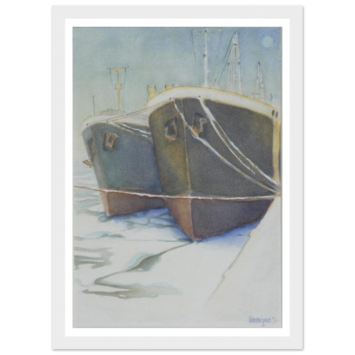 Tranquil Harbor Reflection: A Watercolor Journey by Veronique Semple - Watercolor impressionism print for home decor