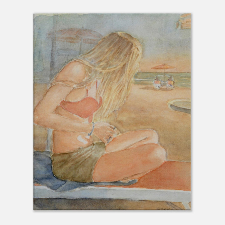 Tranquil Reflections: A Watercolor Beach Muse by Veronique Semple - Watercolor portraiture print for home decor