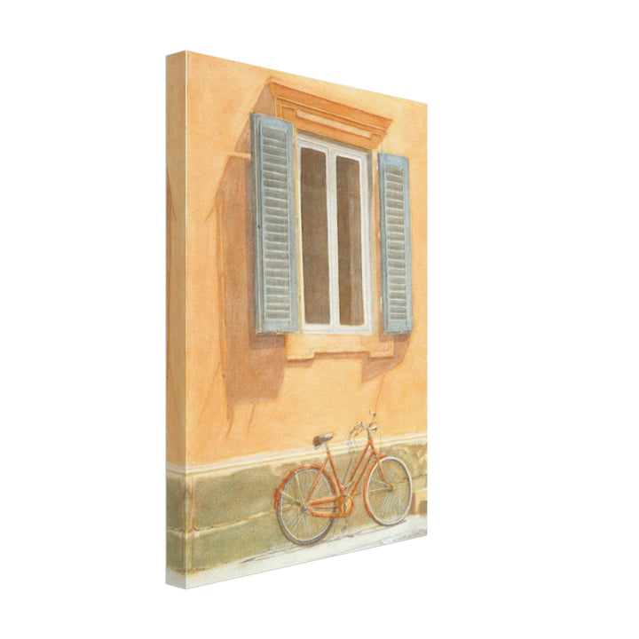 Charming Orange Bicycle by Rustic Window - Watercolor Art by Veronique Semple - Watercolor illustration print for home decor