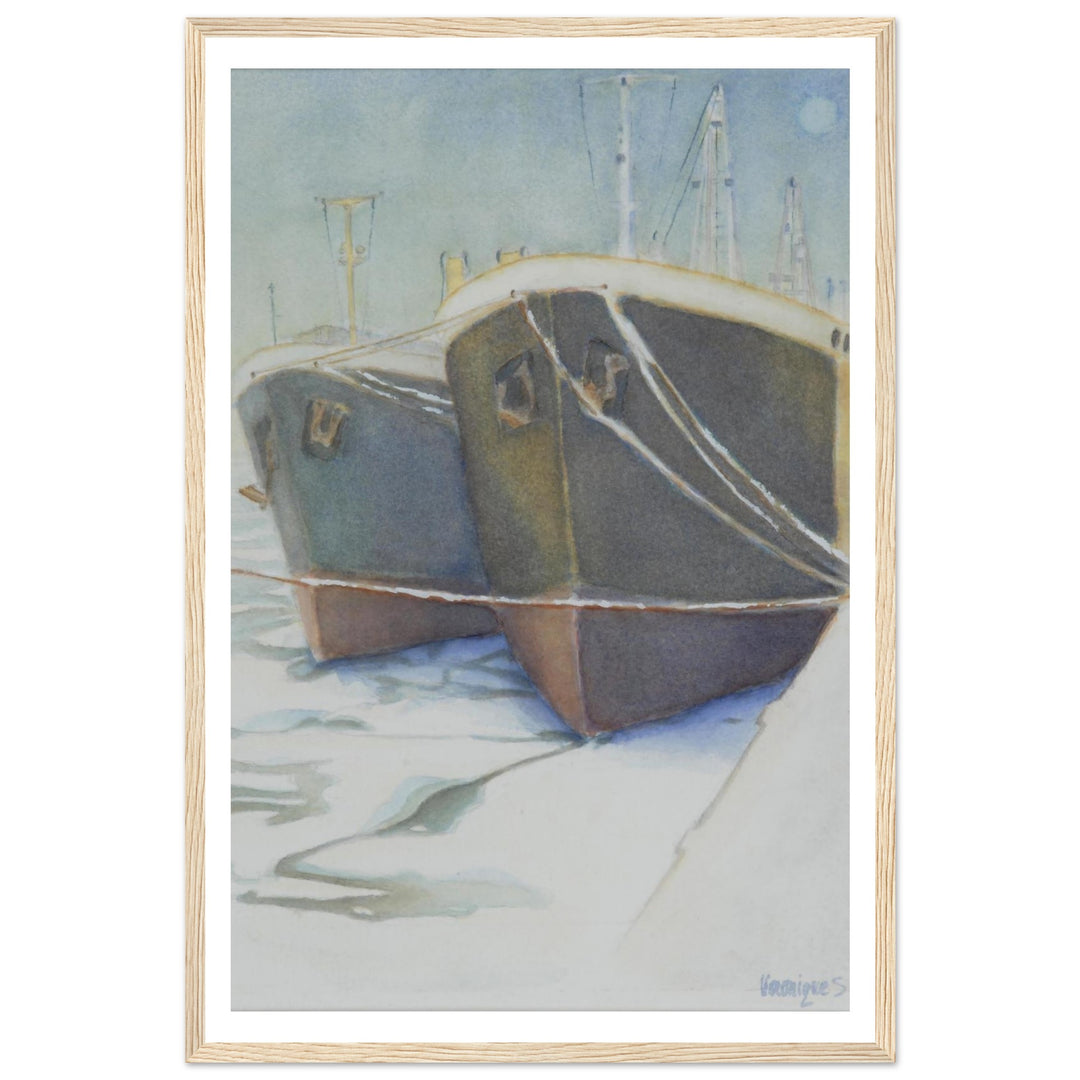 Tranquil Harbor Reflection: A Watercolor Journey by Veronique Semple - Watercolor impressionism print for home decor