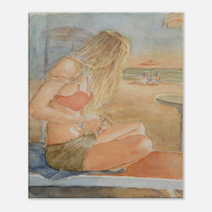 Tranquil Reflections: A Watercolor Beach Muse by Veronique Semple - Watercolor portraiture print for home decor