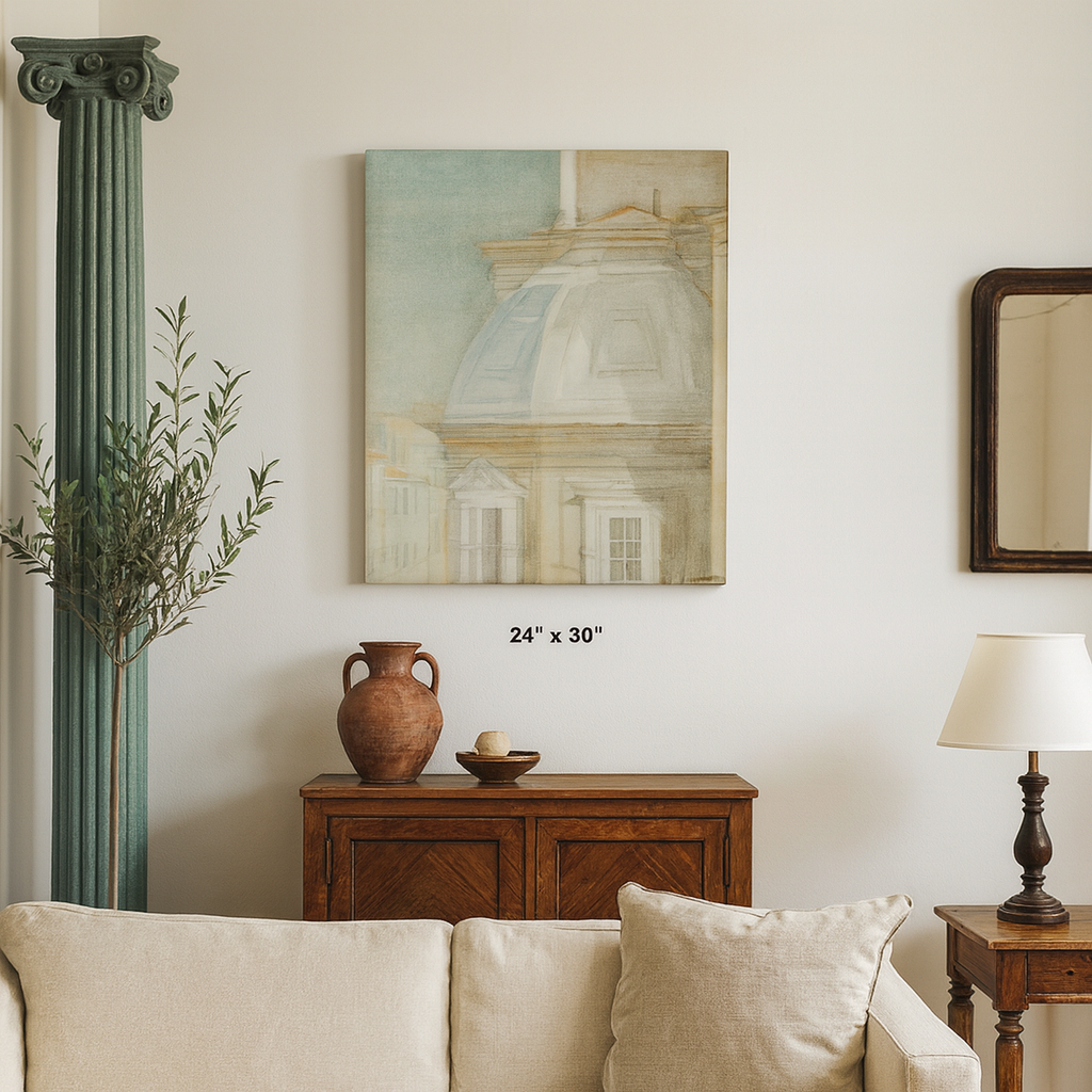 Ethereal Harmony: A Watercolor View of Timeless Architecture by Veronique Semple - Watercolor landscape print for home decor on Bromont Media