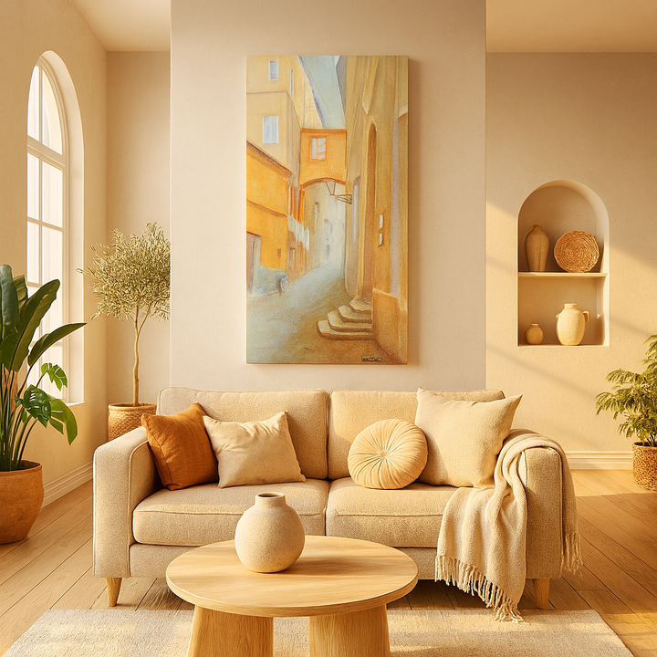Living room with beige sofa, decorative pillows, and a painting of a cobblestone alley on the wall - by Veronique Semple on Bromont Media