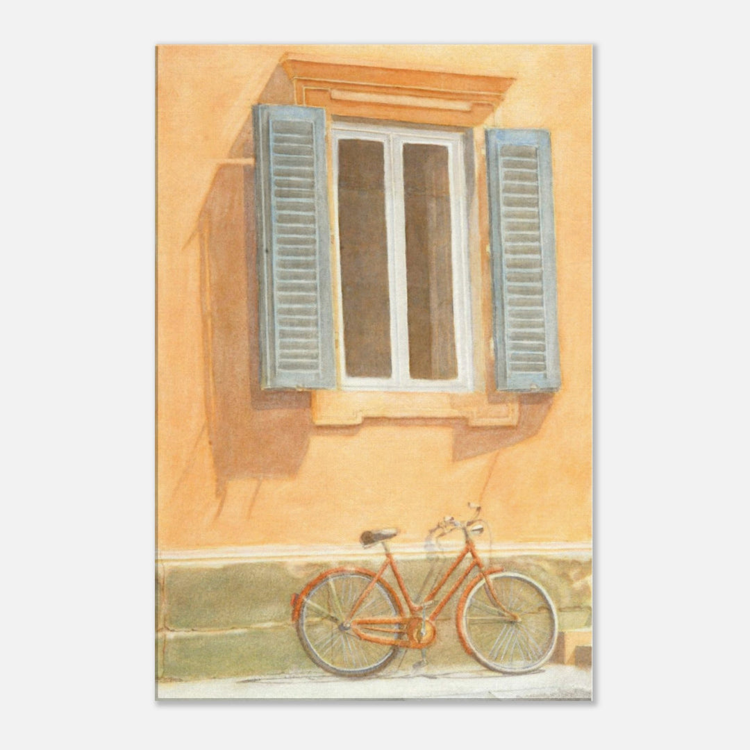 Charming Orange Bicycle by Rustic Window - Watercolor Art by Veronique Semple - Watercolor illustration print for home decor