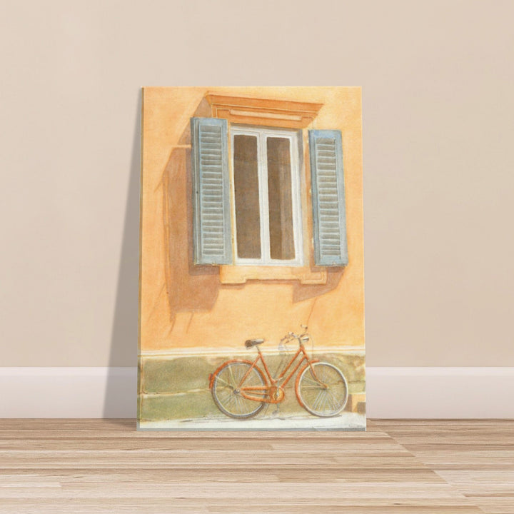 Charming Orange Bicycle by Rustic Window - Watercolor Art by Veronique Semple - Watercolor illustration print for home decor