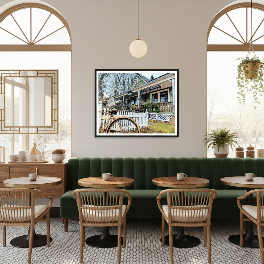 Interior of a café with green booth, wooden chairs, and framed picture on the wall - Studio Shefford art on Bromont Media