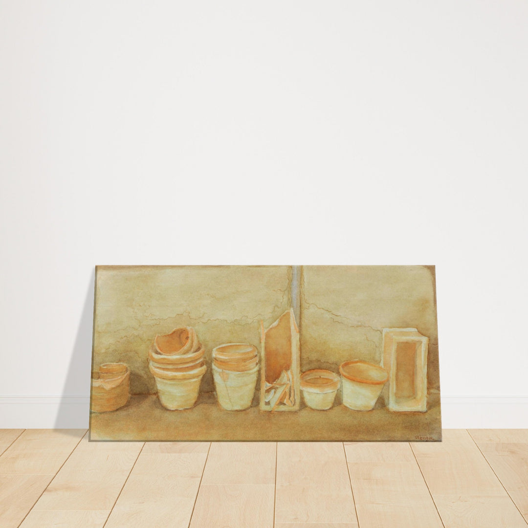 Terracotta Serenity: A Harmonious Display of Handmade Pots by Veronique Semple - Watercolor botanical print for home decor