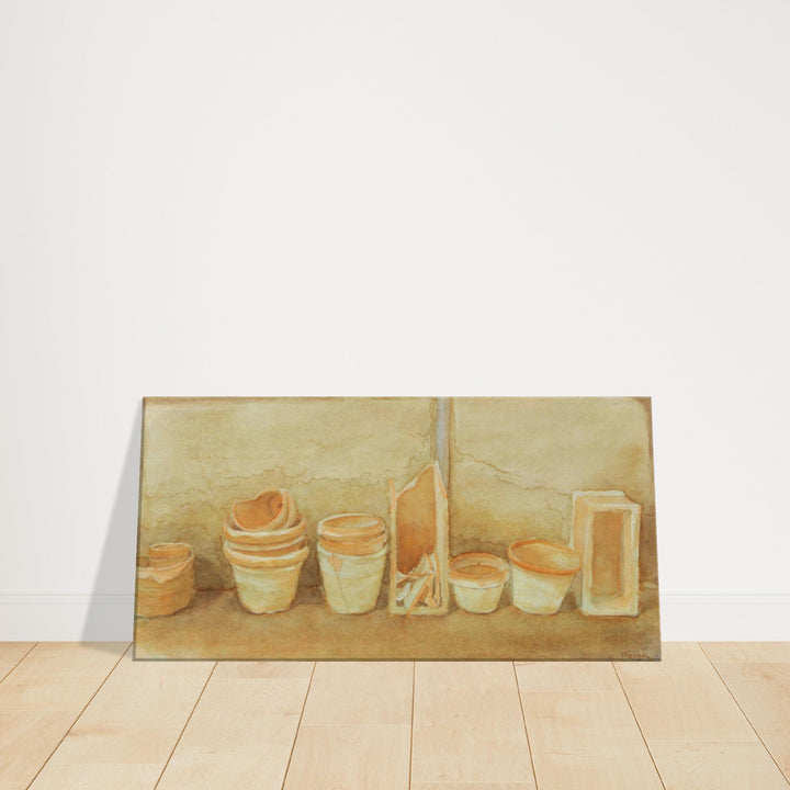 Terracotta Serenity: A Harmonious Display of Handmade Pots by Veronique Semple - Watercolor botanical print for home decor