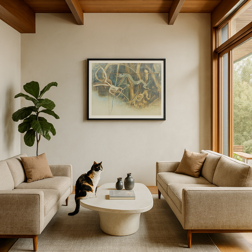 Modern eco chic mid century modern living room with abstract framed art and cute cat - Bromont Media
