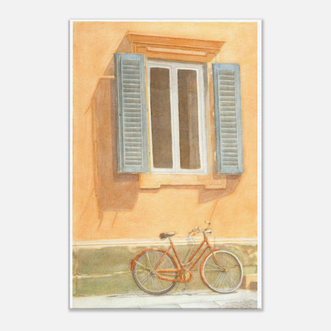 Charming Orange Bicycle by Rustic Window - Watercolor Art by Veronique Semple - Watercolor illustration print for home decor