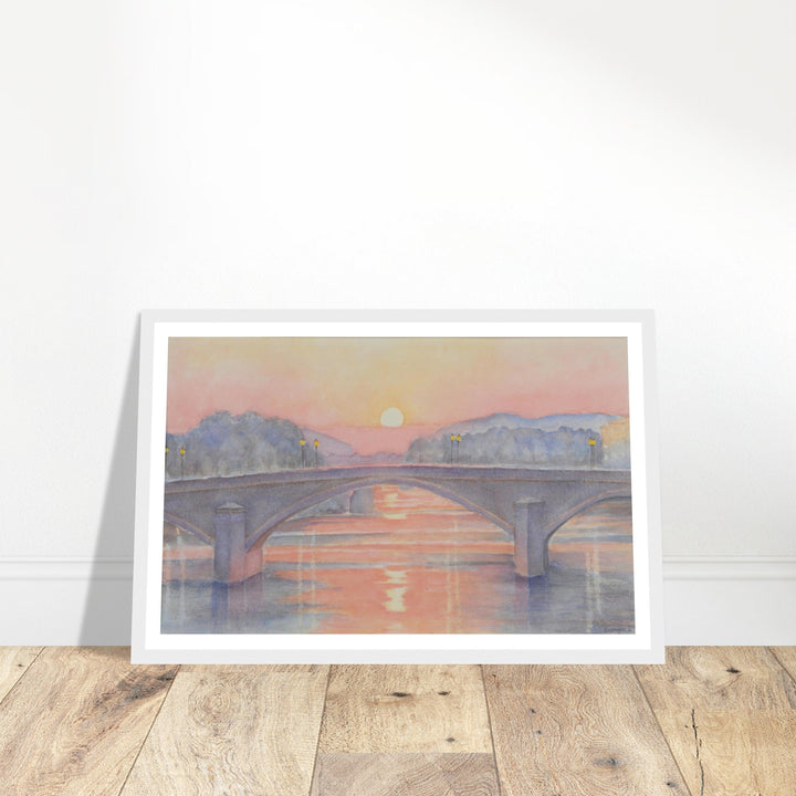 Serene Sunset Reflections Over Tranquil Waters by Veronique Semple - Watercolor impressionism print for home decor