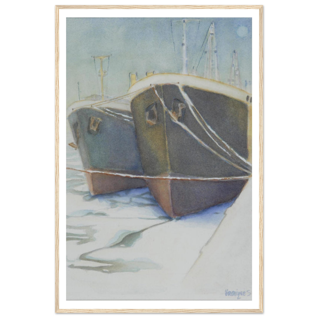 Tranquil Harbor Reflection: A Watercolor Journey by Veronique Semple - Watercolor impressionism print for home decor