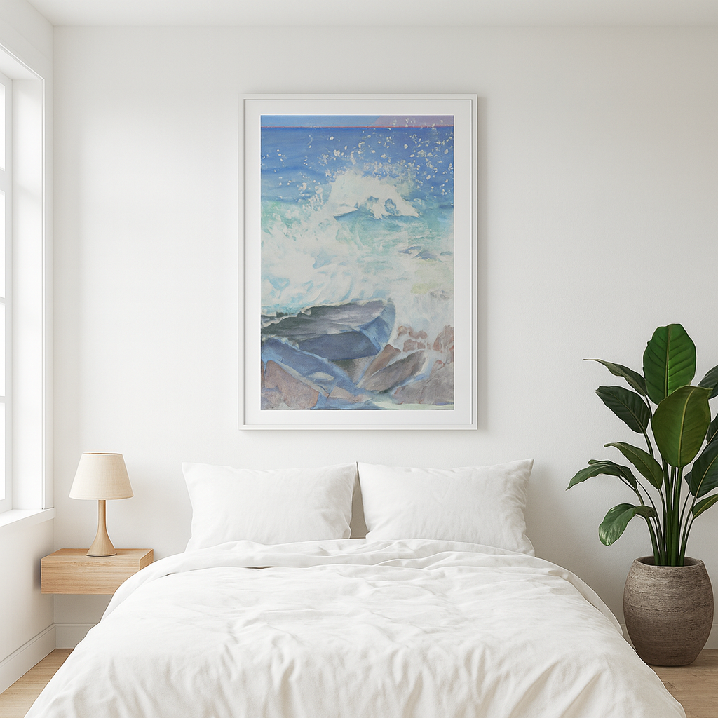 Clean minimalist white bedroom with houseplant and nautical ocean waves painting  by Veronique Semple on Bromont Media
