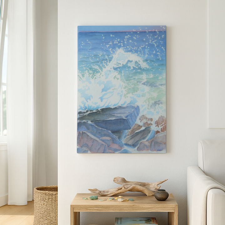 Framed painting of a coastal scene with waves and cliffs in a living room - by Veronique Semple on Bromont Media