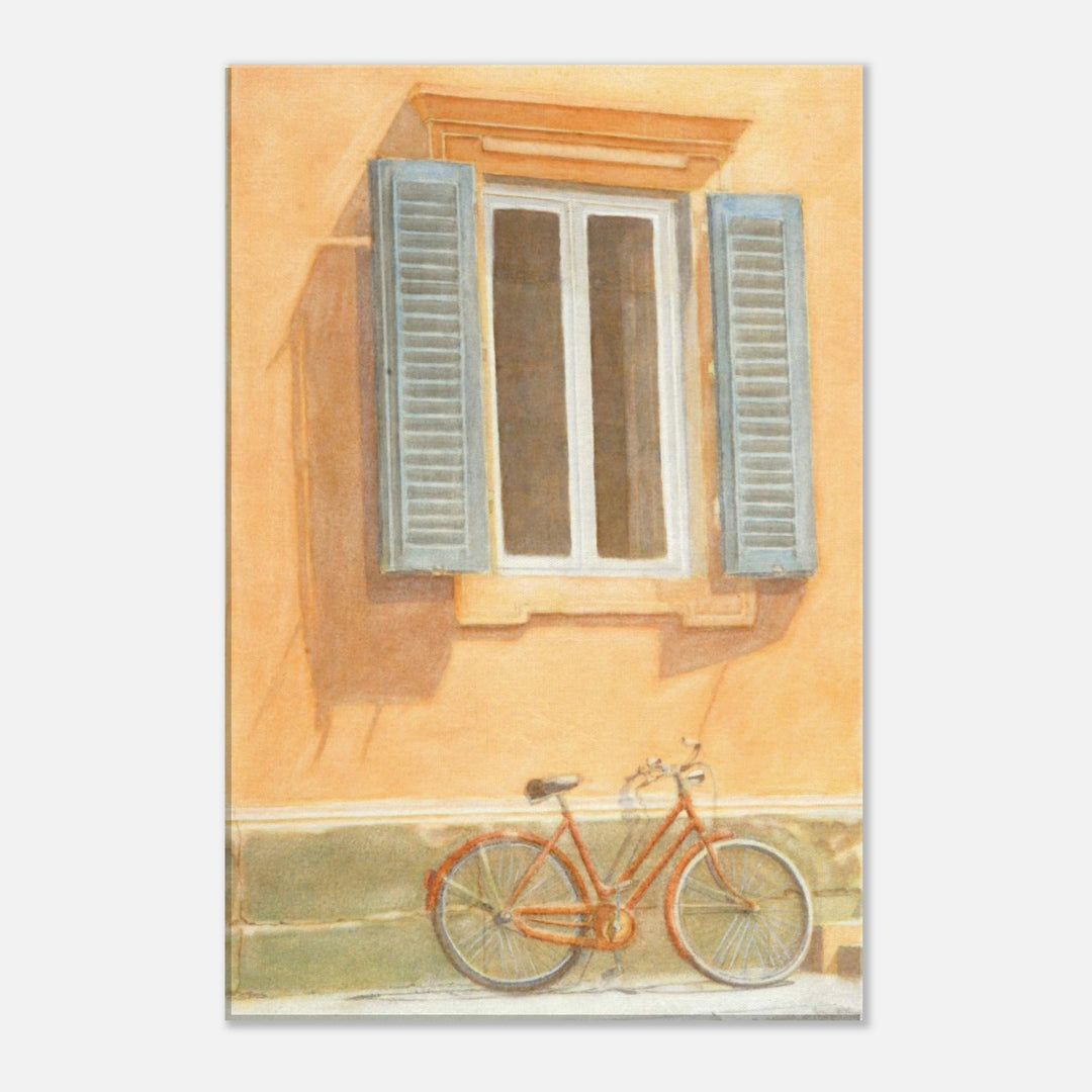 Charming Orange Bicycle by Rustic Window - Watercolor Art by Veronique Semple - Watercolor illustration print for home decor
