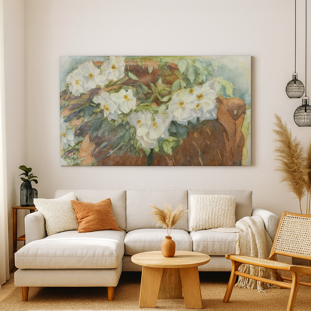 Living room with a beige sofa, wooden coffee table, and decorative flower painting on the wall - by Veronique Semple on Bromont Media