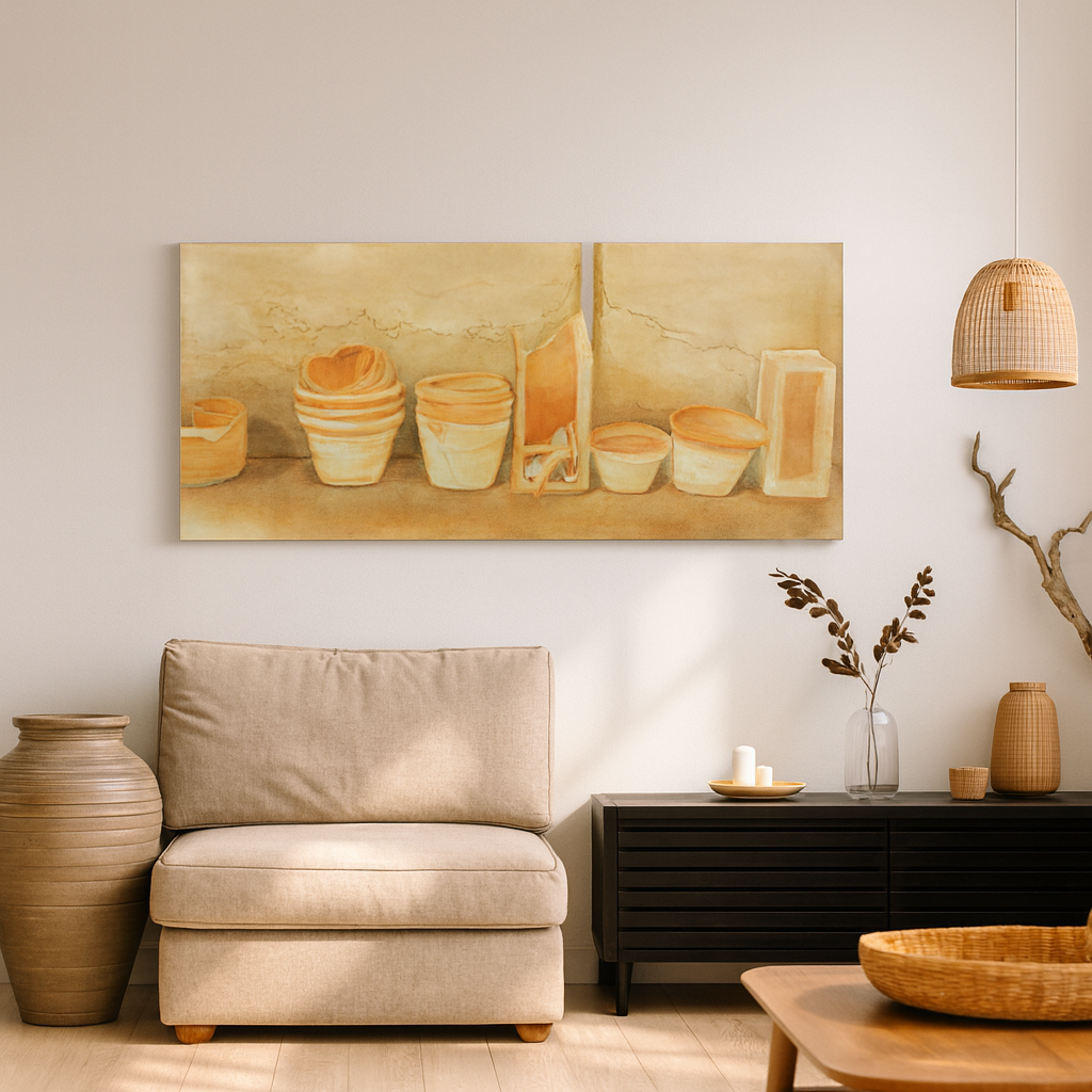 Terracotta Serenity: A Harmonious Display of Handmade Pots by Veronique Semple - Watercolor botanical print for home decor on Bromont Media