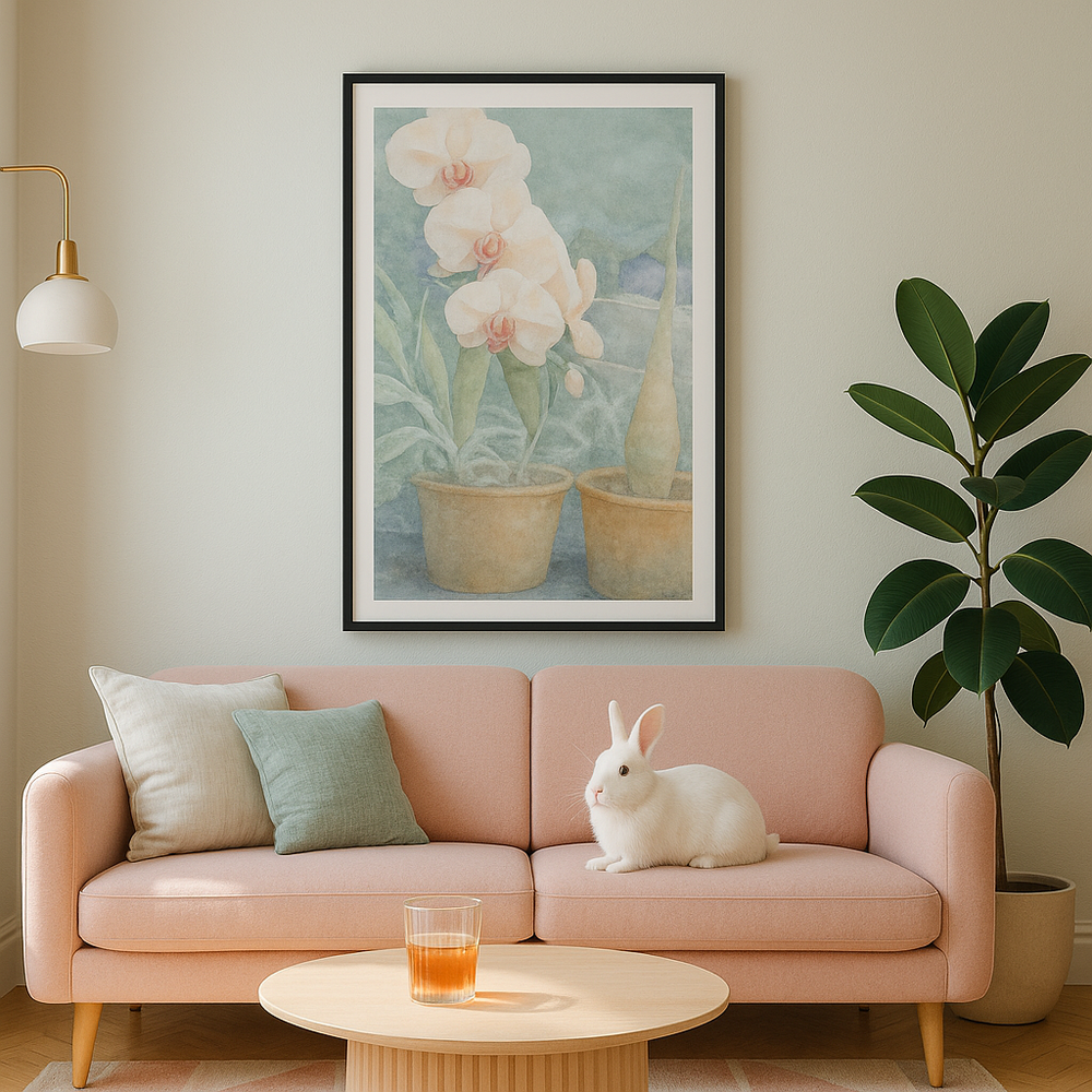 Mordern art deco living room with pink couch, cute white bunny and floral watercolor framed painting - by Veronique Semple on Bromont Media