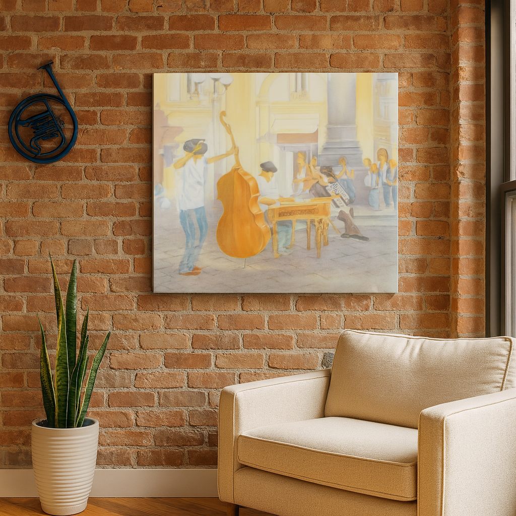 Melodic Moments: Joyful Street Musicians in Watercolor by Veronique Semple - Watercolor impressionism print for home decor on Bromont Media