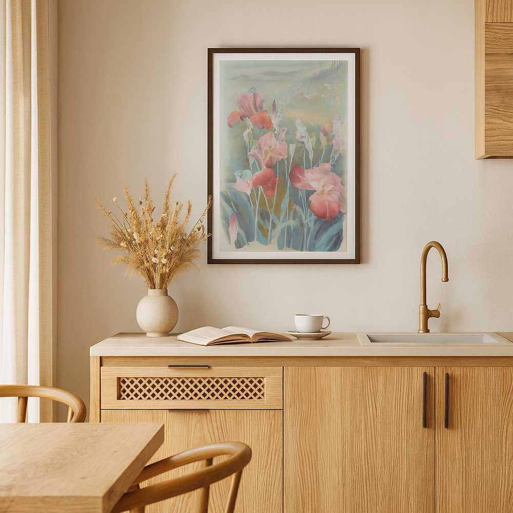 Kitchen interior with wooden cabinets, a sink, and a floral painting on the wall - Bromont Media