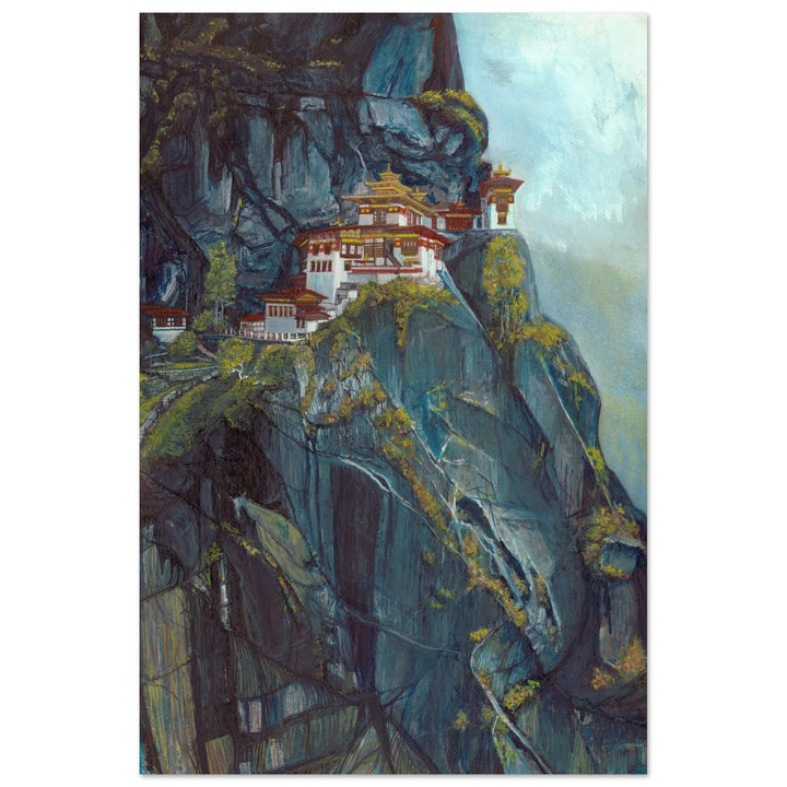 Majestic Heights: Watercolor of Taktsang Monastery by Andrew Semple - Watercolor landscape painting print for home decor