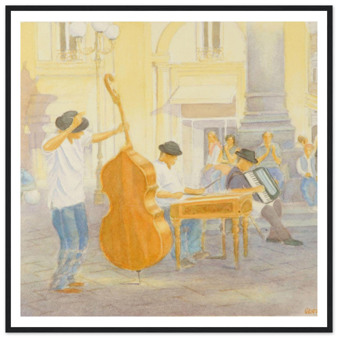 "Under the Column of Abundance" Vibrant Street Performance Watercolor by Veronique Semple - Watercolor wall art print
