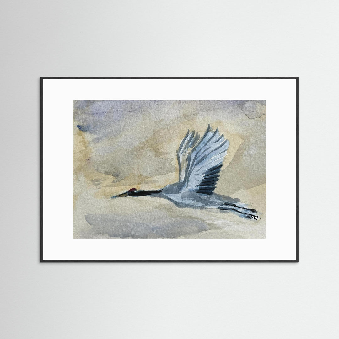 Great Blue Heron in Flight Watercolor Wall Art Decor - Framed Options