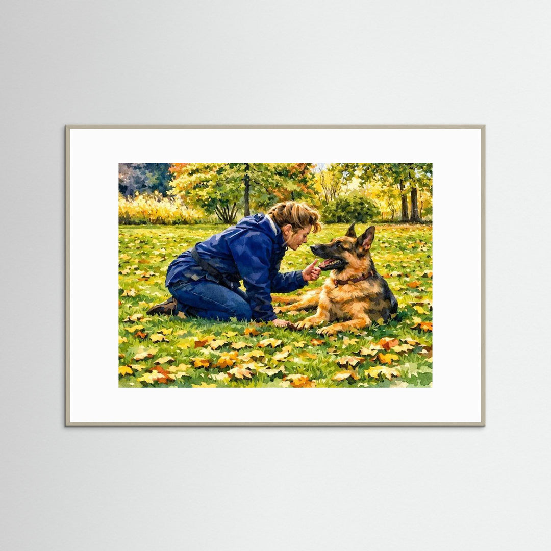 Autumn Moment with Beloved German Shepherd - Fine Art Framed Options