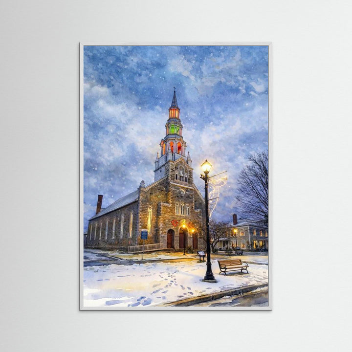 Festive Church in Winter's Embrace - Fine Art Print Framed Options