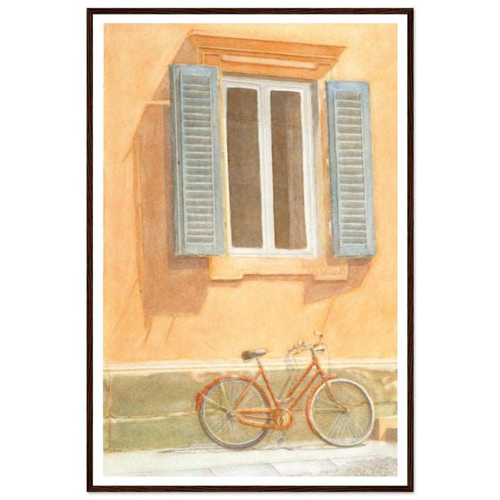 "Midday Break" Charming Bicycle Against Wall in Italy Warm Watercolor by Veronique Semple - Watercolor wall art print