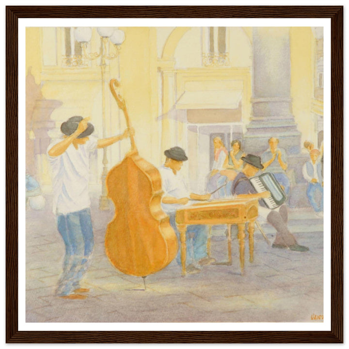 "Under the Column of Abundance" Vibrant Street Performance Watercolor by Veronique Semple - Watercolor wall art print