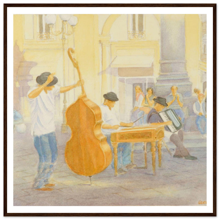 "Under the Column of Abundance" Vibrant Street Performance Watercolor by Veronique Semple - Watercolor wall art print