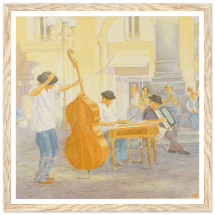 "Under the Column of Abundance" Vibrant Street Performance Watercolor by Veronique Semple - Watercolor wall art print