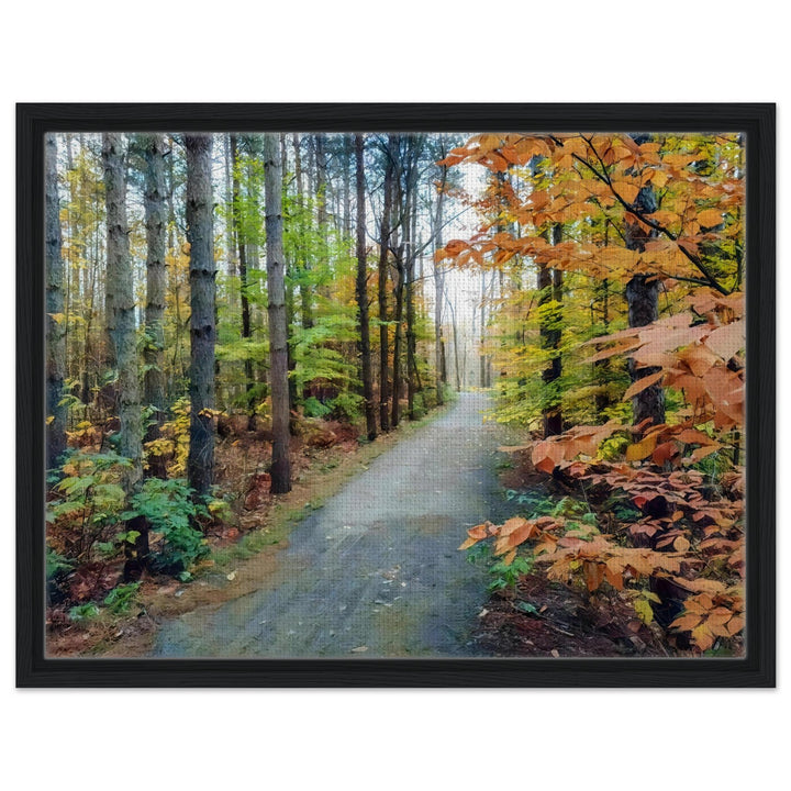 Autumn Serenity: Tranquil Pathway Through Bromont's Vibrant Fall Foliage Emotional Realism framed canvas art print by Studio Shefford