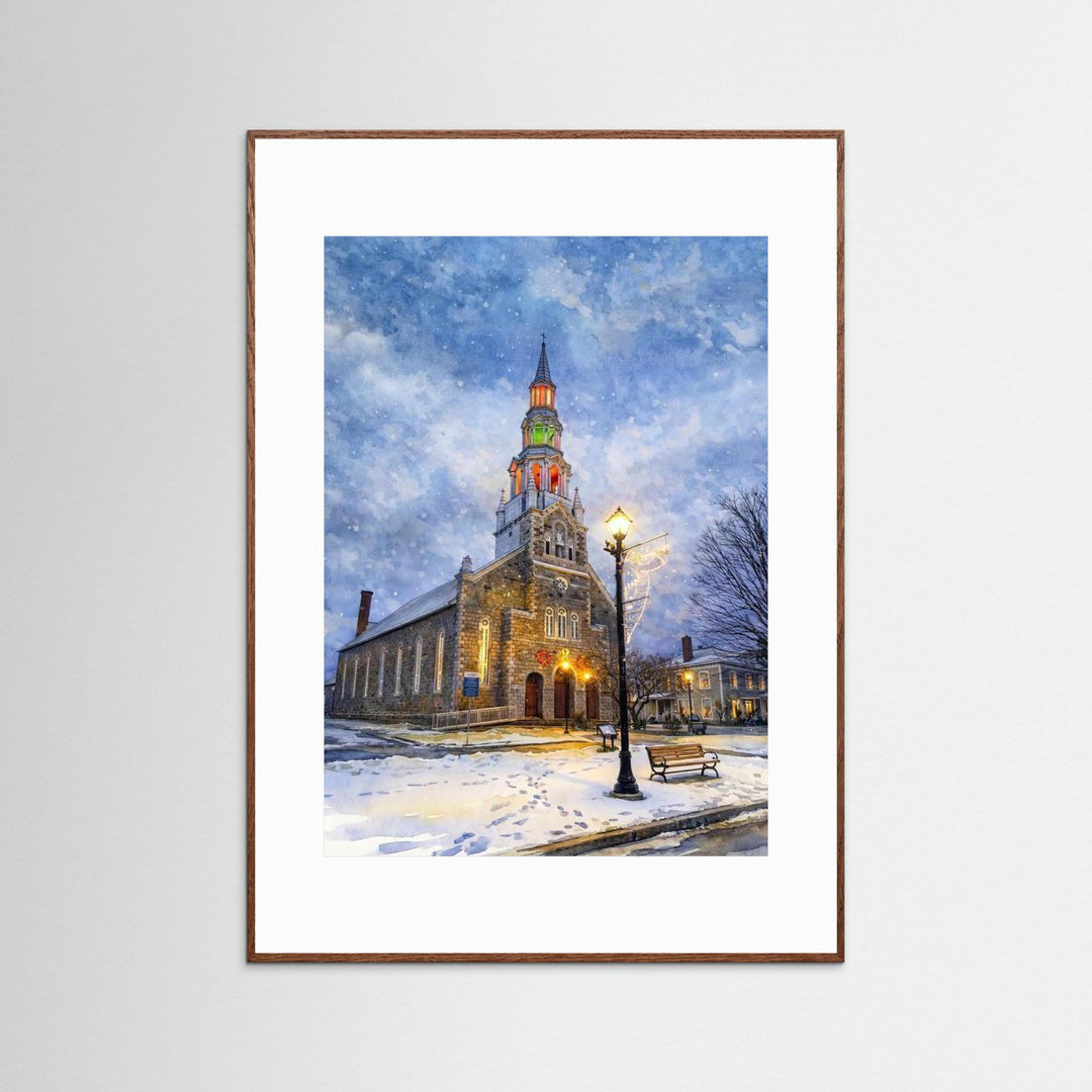 Festive Church in Winter's Embrace - Fine Art Print Framed Options