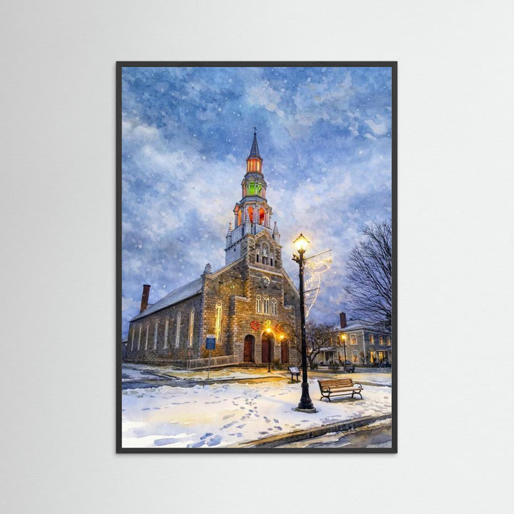 Festive Church in Winter's Embrace - Fine Art Print Framed Options