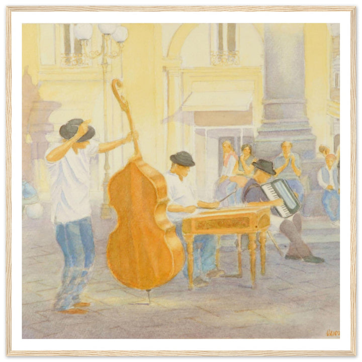 "Under the Column of Abundance" Vibrant Street Performance Watercolor by Veronique Semple - Watercolor wall art print