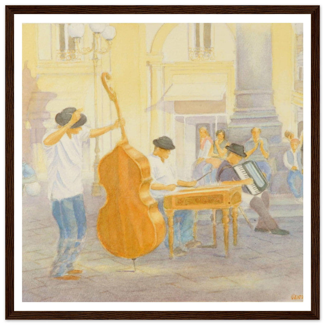 "Under the Column of Abundance" Vibrant Street Performance Watercolor by Veronique Semple - Watercolor wall art print