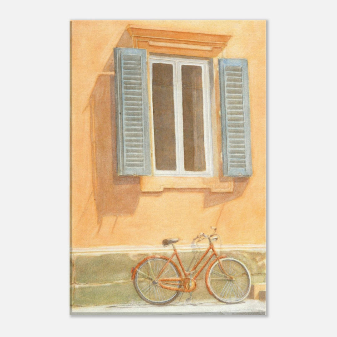 Charming Orange Bicycle by Rustic Window - Watercolor Art by Veronique Semple - Watercolor illustration print for home decor - Bromont Media