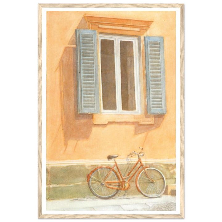 "Midday Break" Charming Bicycle Against Wall in Italy Warm Watercolor by Veronique Semple - Watercolor wall art print