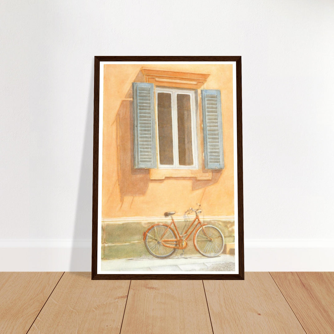 "Midday Break" Charming Bicycle Against Wall in Italy Warm Watercolor by Veronique Semple - Watercolor wall art print