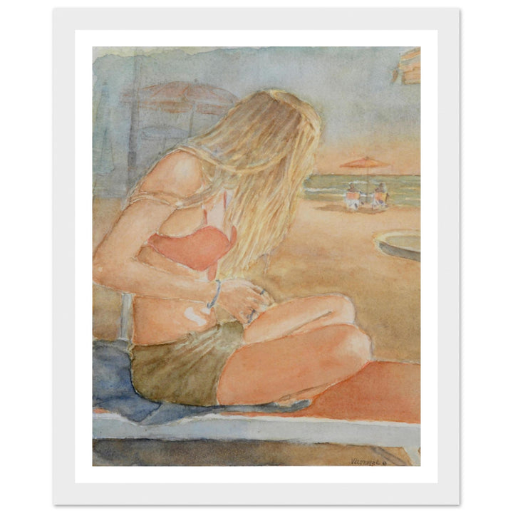 Sundown Serene Beach Watercolor Art Print by Veronique Semple - Watercolor portraiture print for home decor
