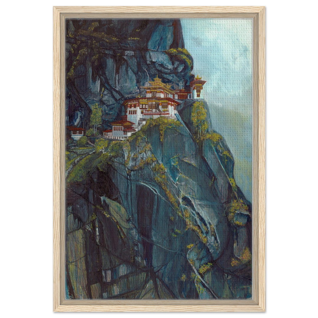 Majestic Heights: Watercolor in a framed canvas of Taktsang Monastery by Andrew Semple - Watercolor landscape painting print for home decor