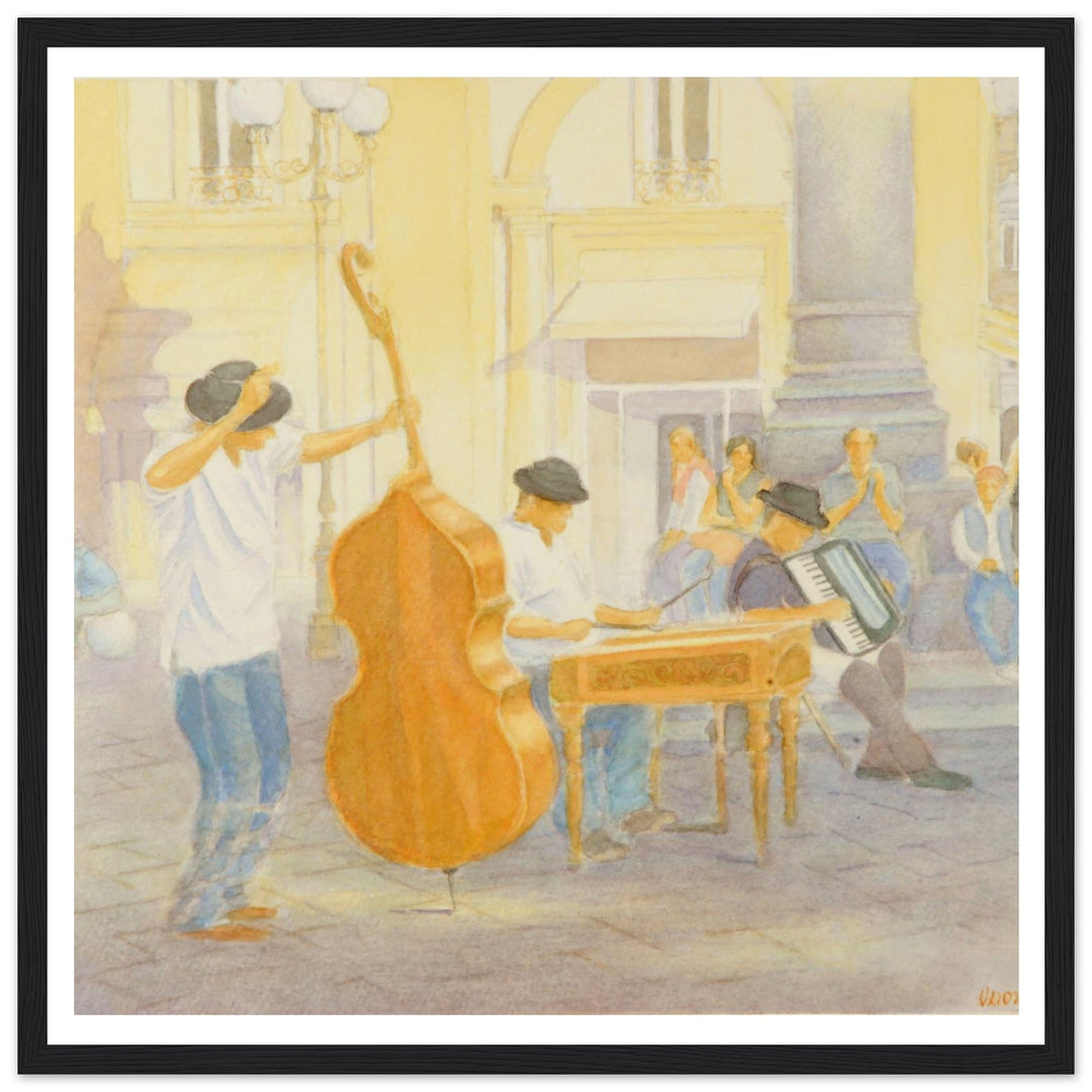 "Under the Column of Abundance" Vibrant Street Performance Watercolor by Veronique Semple - Watercolor wall art print