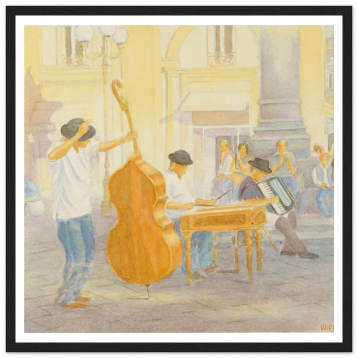 "Under the Column of Abundance" Vibrant Street Performance Watercolor by Veronique Semple - Watercolor wall art print